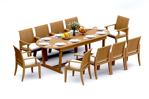TeakStation 10 Seater Grade-A Teak Wood 11 Pc Dining Set: 94" Mas Oval Trestle Leg Table and 10 Lagos Arm Chairs #31LG2310