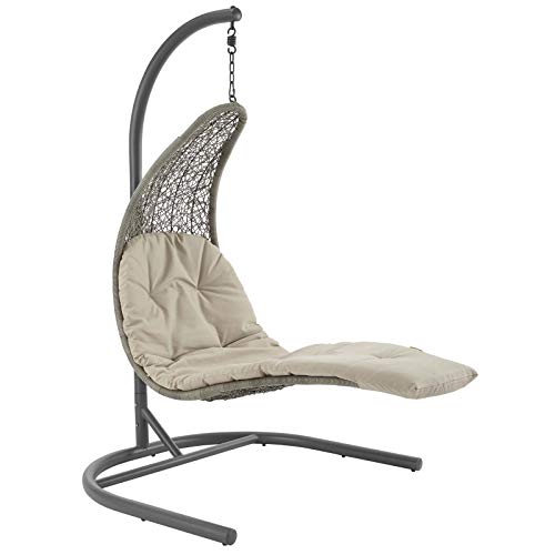 Modway Landscape Wicker Rattan Outdoor Patio Porch Chaise Lounge Swing Chair Set with Stand Light Gray Beige
