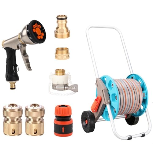 Etsuosy Garden Hose Reel Cart with 9-Pattern Metal Spray Nozzle, Brass Fittings and Connectors, Stable Angular Frame Design, 20m Capacity