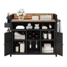 52.8"W Outdoor Grill Cart with Poly-Wood Top, Drop Leaf, Wine Rack, Spice Racks, Steel Frame and Wicker Weave Surface, Rolling Kitchen Island for Garden, Patio, Backyard, Poolside Cooking (Black)