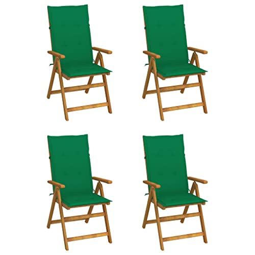 KFPOERTFGD Set of 4 Garden Chairs with Green Cushions, Foldable Patio Reclining Seats, Solid Acacia Wood Brown Outdoor Furniture for Balcony Terrace