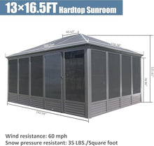 DuraYu 13'(W) x 16.5'(L) Outdoor Sunroom Aluminum Hardtop Gazebo with Galvanized Steel Roof, PVC Screen Walls and Sliding Doors, Gray