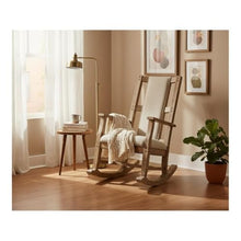 Pemberly Row Mahogany Rocking Chair with Cushioned Seat and Back, Studded Accents, Smooth Rocking Motion, Beige