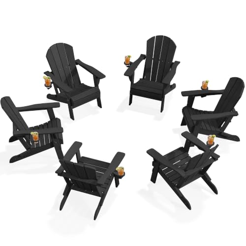 PLUUV Adirondack Chair Set of 6, Fire Pit Chairs with Cup Holder, Black