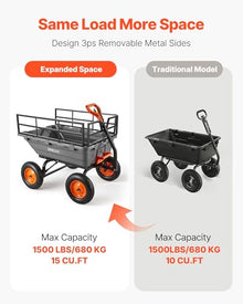 VEVOR Garden Dump Cart 1500lbs 15 Cu.Ft, Heavy Duty Wheelbarrow with Convertible Handle and 16" Flat Free Tires, Outdoor Yard Wagon ATV Trailer Dump Cart Tow Behind for Lawn Mower Tractor