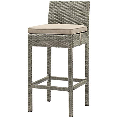 Contemporary Outdoor Patio Garden Bar Side Stool Chair, Set of Four, Fabric Rattan Wicker, Beige