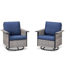Seeheool Outdoor Swivel Rocking Gray Wicker Chairs Set of 2, Wide Armrest Patio Glider Chairs with Blue Cushions for Porch or Deck
