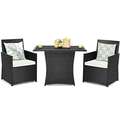 DUYHBAWRS 3PCS Patio Rattan Furniture Set Cushion Sofa Armrest Garden Deck White Easy to Assemble