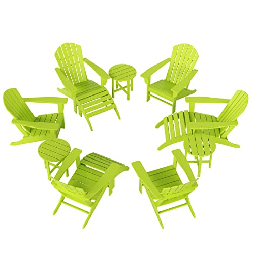 WO Home Furniture Set of 12-6pcs Traditional HDPE Adirondack Chairs with 3pcs Ottoman and 3pcs Side Table, All Weather Resistant for Patio, Outdoor, Balcony, Backyard, Deck, Pool, Lime