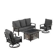 Oakland Living Black Aluminum Patio Fire Table Set with Deep Seating Sofa with Cushion and Two Club Chairs with Black Cushions