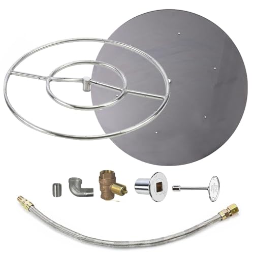 Spotix HPC Round Match Lit Fire Pit Burner Kit with 18-Inch Stainless Steel Burner and 24-Inch Flat Pan, Natural Gas, Polished Chrome, with Flange, Key, Valve, Flex Line and Fittings