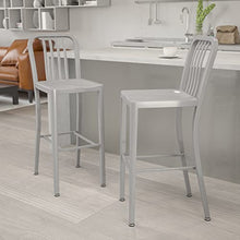 Flash Furniture Gael 30" Commercial Metal Barstools with Footrest, Vertical Slat Back Bar Height Stools for Restaurants and Kitchens, Set of 2, Silver