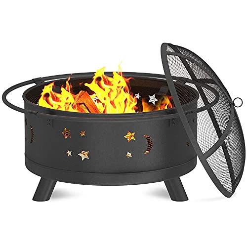 Round Outdoor Fire Pit,Large Wood Burning Fire Pit w/Spark Screen,Wrought Iron Bonfire Fire Pit