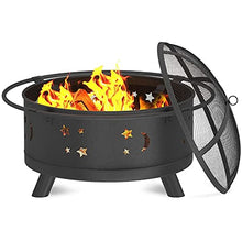 Round Outdoor Fire Pit,Large Wood Burning Fire Pit w/Spark Screen,Wrought Iron Bonfire Fire Pit