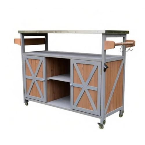 JOSOGO Outdoor Prep Table with Storage, Rolling Kitchen Island, Movable Bar Cart with Stainless Steel Top for Outside Patio, Backyard, Garden(A-Gray Brown)