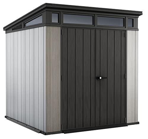 Keter Artisan 7 x 7 Foot Large Modern Design Outdoor Shed with Floor for Outdoor Furniture, Lawn Equipment, Bikes, and Gardening Tools, Gray