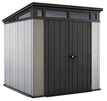 Keter Artisan 7 x 7 Foot Large Modern Design Outdoor Shed with Floor for Outdoor Furniture, Lawn Equipment, Bikes, and Gardening Tools, Gray