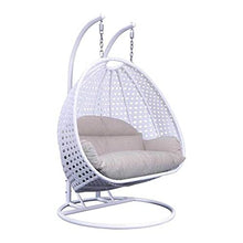 LeisureMod 2 Person Hanging Double Swing Chair, X-Large White Wicker Rattan Egg Chair with Stand and Cushion for Indoor Outdoor Patio Garden, Taupe