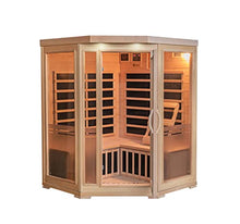 Heat Wave 3 Person Sauna Corner Fitting Infrared FIR FAR 7 Carbon Heaters Hemlock Wood MP3 Player 2 Speakers Color Therapy Light LED Control Panel Wood