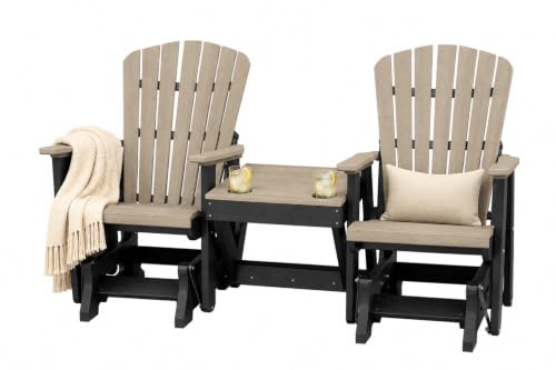 DutchCrafters Slat Fan Back Double Poly Adirondack Glider Outdoor Patio Chairs with Center Table (Black & Weatherwood)