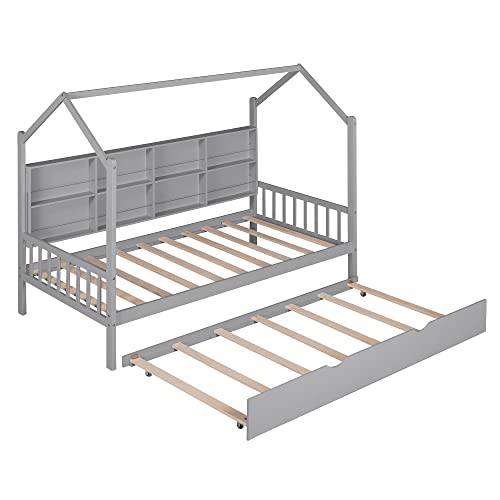 Acosure Metal House Bed Frame with Roof and Slats Support, Montessori Design, Full Size, Grey