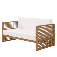 Outdoor Escape White Teak Wood Loveseat with Cushions, Durable Construction, Stylish Armrests, Comfortable Backrest for Patio Garden Porch Entertainment