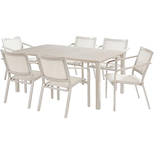 Hanover Morrison 7-Piece Outdoor Dining Set with 6 Sling Chairs and Square Table White/Multi