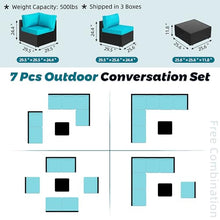 SUNLEI 7pcs Patio Conversation Sets Outdoor Furniture Sets, High Back All-Weather Rattan Sectional Sofa with Tea Table&Washable Couch Cushions(Black Rattan)（Blue）
