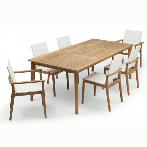 POVL Outdoor Menlo 7-Piece Teak Patio Dining Set for 6 — 95" Rectangular Grade A Teak Table, 2 Armchairs & 4 Side Chairs — Modern Patio Furniture for Deck, Backyard & Poolside