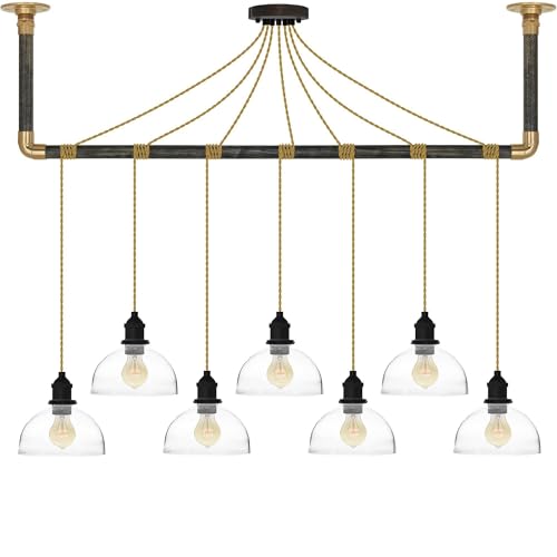 Gold and Black Glass Shade Pendant Light Wrap with Ebony Black Wood and Brass Hanging Bracket - 7 Pendants
