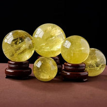 FOTCFATEV Yellow Quartz Crystal Sphere Gemstone Ball Divnation Feng Shui with Wooden Stand Sculpture Figurine for Home Office Decoration,100mm