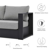 Pemberly Row Modern Outdoor Sofa, Powder-Coated Aluminum Frame with Gray Stain-Resistant Water-Resistant Fabric Cushions, 89" W x 31.5" D x 33" H, Dense Foam Padding, Weatherproof Patio or Poolside