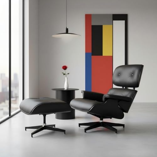 TigerParty Mid Century Chaise Lounge Chair with Ottoman, Top Black Grain Leather, Modern Office Chair Classic Design, Heavy Duty Base Support for Living Room Lounge Office (Black, Tall)