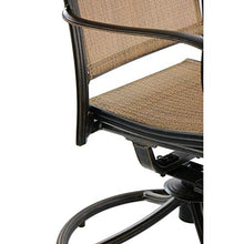 Hanover Fontana 3-Piece Bistro Set with Tan PVC Sling Swivel Rocker Chairs and 32" Round Cast-Top Table
