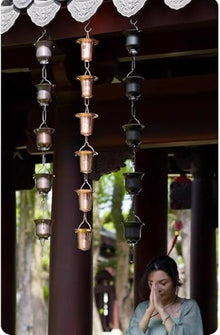 WKNHHL Rain Chain, T2 Copper for Gutters, Roof Rain Catcher/Diverter, Unique Metal Link for Villa Temples,2.4m/8ft