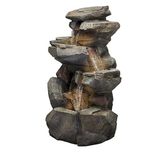 Alpine Corporation 40" Tall Outdoor Multitiered Rock Waterfall Floor Fountain with LED Lights, Natural Stone Look, Cascading Water Feature for Gardens, Patios, and Yards, Gray
