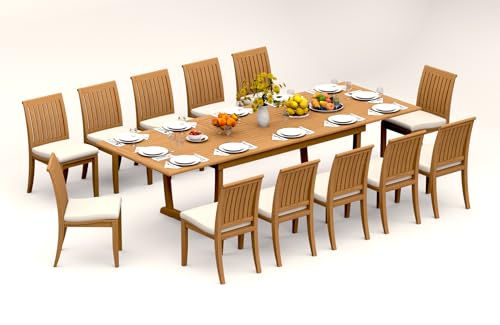 WholesaleTeak 12 Seats 13 Pcs Grade-A Teak Wood Dining Set: 118" Double Extension Mas Rectangle Trestle Leg Table and 12 Lagos Armless Chairs #11LG2500
