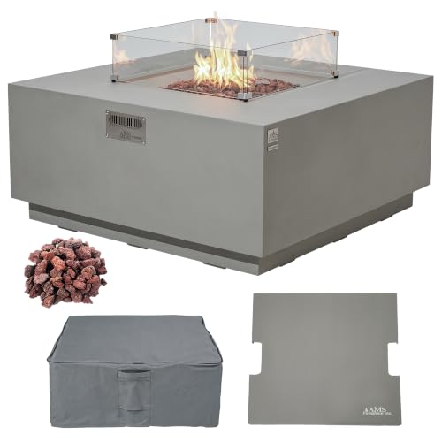 AMS 48" Square Concrete GFRC Propane Gas Fire Pit Table Bundle (Light Gray)