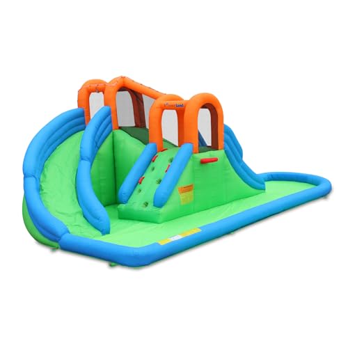 Bounceland Island Water Park Water Slide, 22 ft x 13.8 ft x 8.5 ft, UL Blower Included, Dual Fun Slides, Basketball Hoop, Safe Climbing Wall, Splash Pool, Netted for Safety, Outdoor Fun for Kids