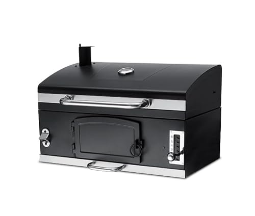 Built-in Charcoal BBQ Grill with Thermometer, 6-Level Adjustable Tray, Cast Iron Grates, Front Charcoal Door, 4-Layer Coated Steel, 74×42cm Cooking Area for Outdoor Patio Use