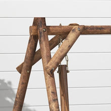 2-Seat Porch Swing with A-Frame Stand, Wooden Log Patio Swing Chair with Wagon Wheel Armrests, Adjustable Height, Gentle Swing Motion, Heavy Duty Fir Wood, 550 lbs Capacity for Garden Yard Deck