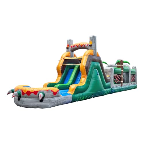 HeroKiddo 42ft T-Rex Inflatabale Obstacle Course Dual Lane Water Slide