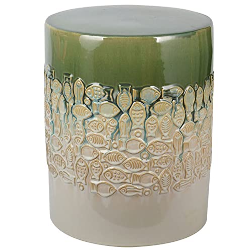 Ceramic Drum Table,Ceramic Drum Stool,Decorative Ceramic Garden Stool, Glazed Gradient Color Embossed Fish Shoe Changing Stool Drum Stool, Suitable for Outdoor Garden,(Gradient Green)
