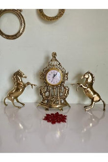 SODEF Brass Casting Fireplace Set with Galloping Horse Statues and Clock - Retro Style 3-Piece Decor Set - Includes Two 8-inch Horses and One 11-inch Clock - Refined Home Accent - Yellow