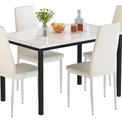 FURUIM2024M Dining Table 5 Pieces Dining Table Set Kitchen Table Set Faux Marble Top Table and 4 Faux Leather Upholstered Chairs for Kitchen Table and Chairs Dining(White)