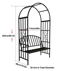 Garden Rose Arch with Bench, Metal Arbor Archway, Outdoor Patio Rose Trellis Pergola Climbing Plant Archway Tubular 114 cm Wide x 205 cm High, Black Garden Arbors and Arches Metal
