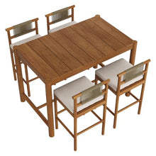 Modway Eleni 5-Piece Outdoor Teak Wood Bar Set in Natural Sail – 56 Inch Rectangular Patio Bar Table with 4 Bar Chairs