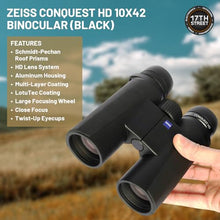 ZEISS 10x42 Conquest HD Binoculars Bundle Set for Bird Watching with Harness Strap, Camo Hat, Cleaning Cloth, Lens Wipes, and Floating Strap Black/Yellow