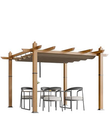 10x10 Ft Outdoor Retractable Pergola Aluminium Pergola Canopy with Adjustable Roof, Upgraded Faux Wood Grain Modern Metal Patio Pergola for Deck, Backyard Garden, Porch, Grape Trellis, Khaki