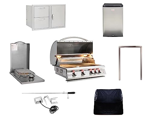 BLAZE BBQ Outdoor Package 8 of 32" LTE Built-in Natural Gas Grill, Drop-in Single Side Burner, 32" Door & Two Drawers Combo, 20" Compact Refrigerator, Grill Cover, Rotisserie Kit, and Accessories